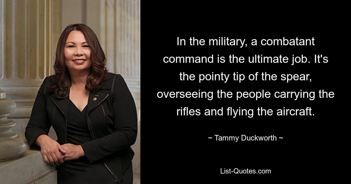 In the military, a combatant command is the ultimate job. It's the pointy tip of the spear, overseeing the people carrying the rifles and flying the aircraft. — © Tammy Duckworth