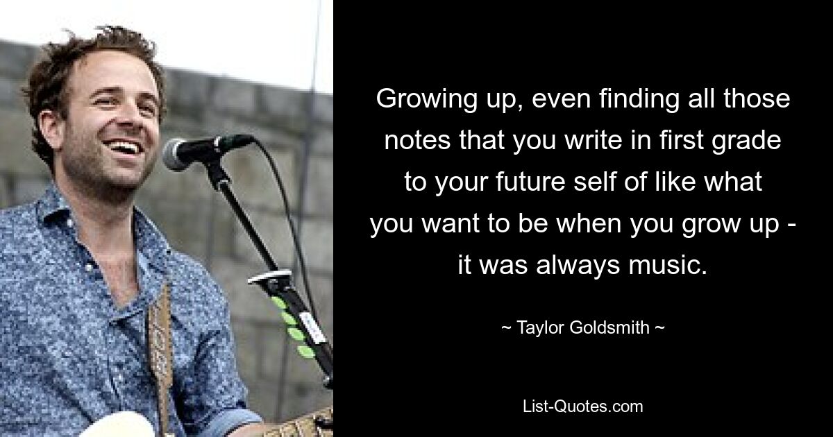 Growing up, even finding all those notes that you write in first grade to your future self of like what you want to be when you grow up - it was always music. — © Taylor Goldsmith