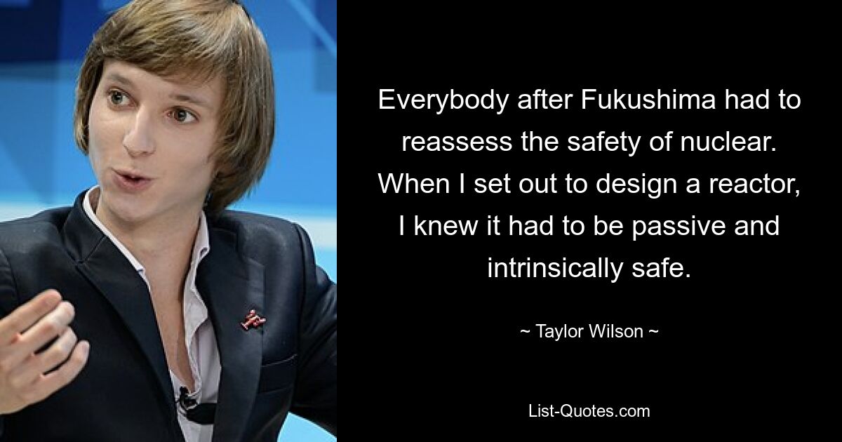 Everybody after Fukushima had to reassess the safety of nuclear. When I set out to design a reactor, I knew it had to be passive and intrinsically safe. — © Taylor Wilson