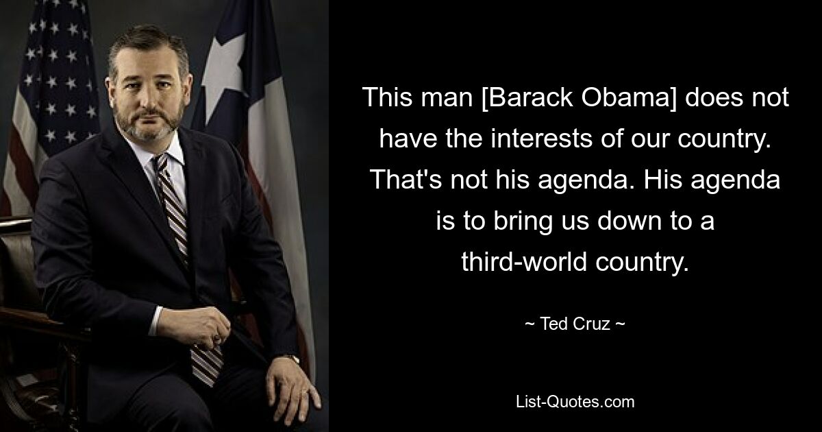 This man [Barack Obama] does not have the interests of our country. That's not his agenda. His agenda is to bring us down to a third-world country. — © Ted Cruz