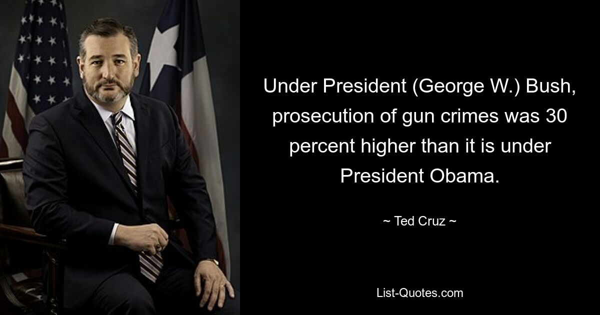 Under President (George W.) Bush, prosecution of gun crimes was 30 percent higher than it is under President Obama. — © Ted Cruz