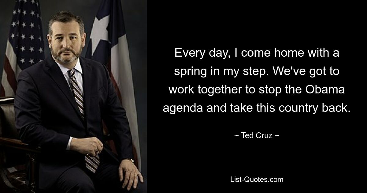 Every day, I come home with a spring in my step. We've got to work together to stop the Obama agenda and take this country back. — © Ted Cruz