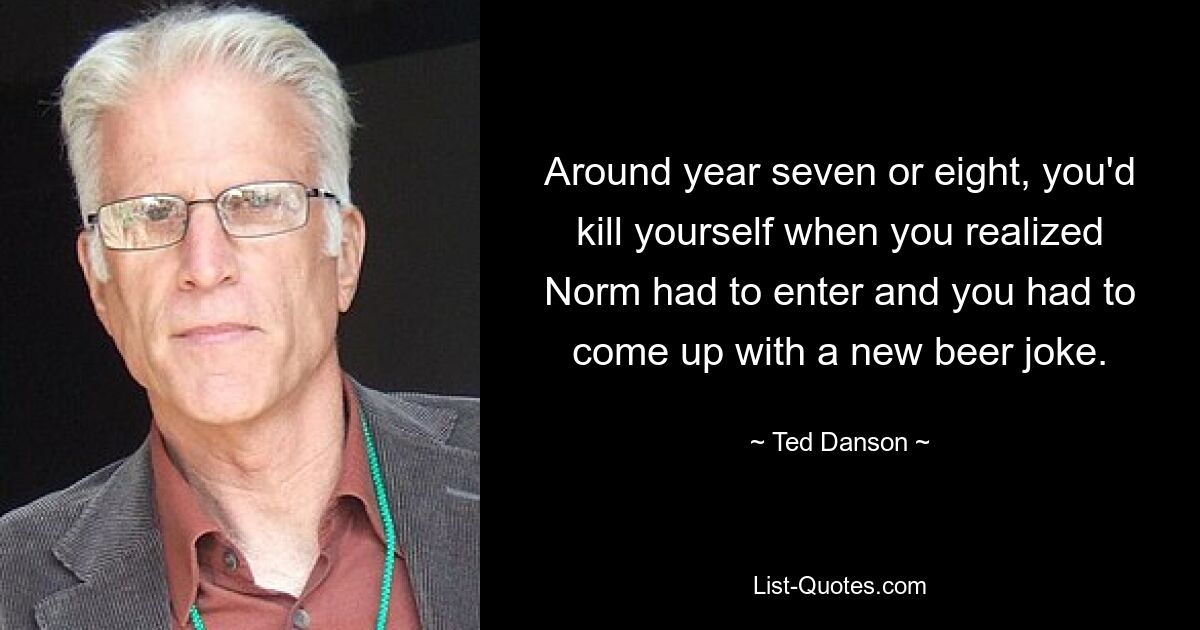 Around year seven or eight, you'd kill yourself when you realized Norm had to enter and you had to come up with a new beer joke. — © Ted Danson