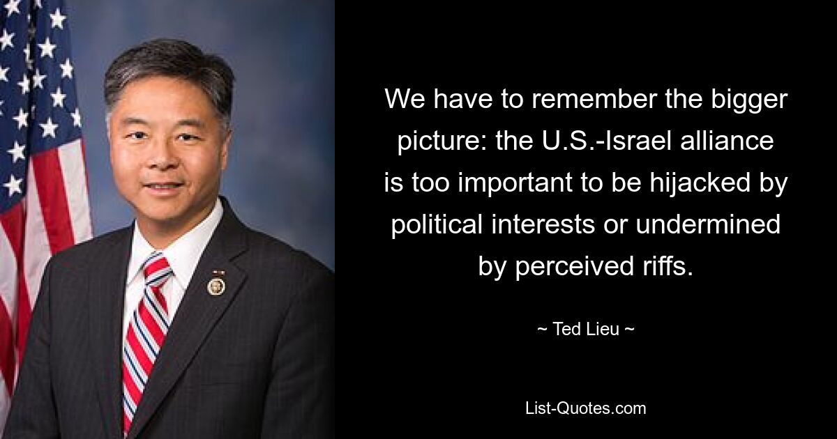 We have to remember the bigger picture: the U.S.-Israel alliance is too important to be hijacked by political interests or undermined by perceived riffs. — © Ted Lieu