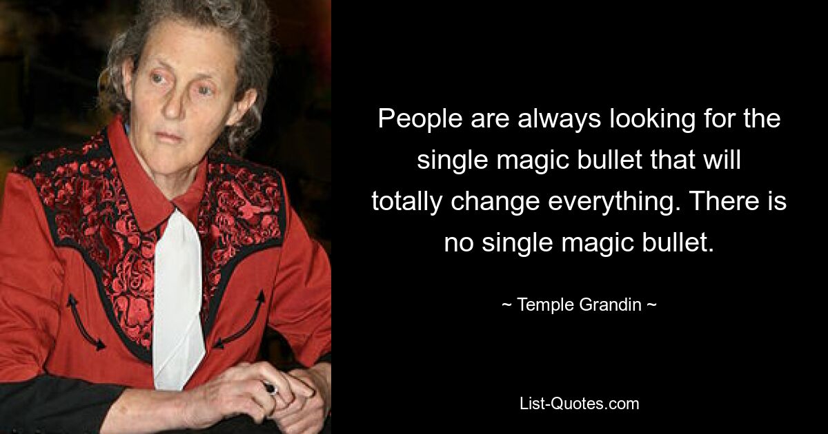 People are always looking for the single magic bullet that will totally change everything. There is no single magic bullet. — © Temple Grandin