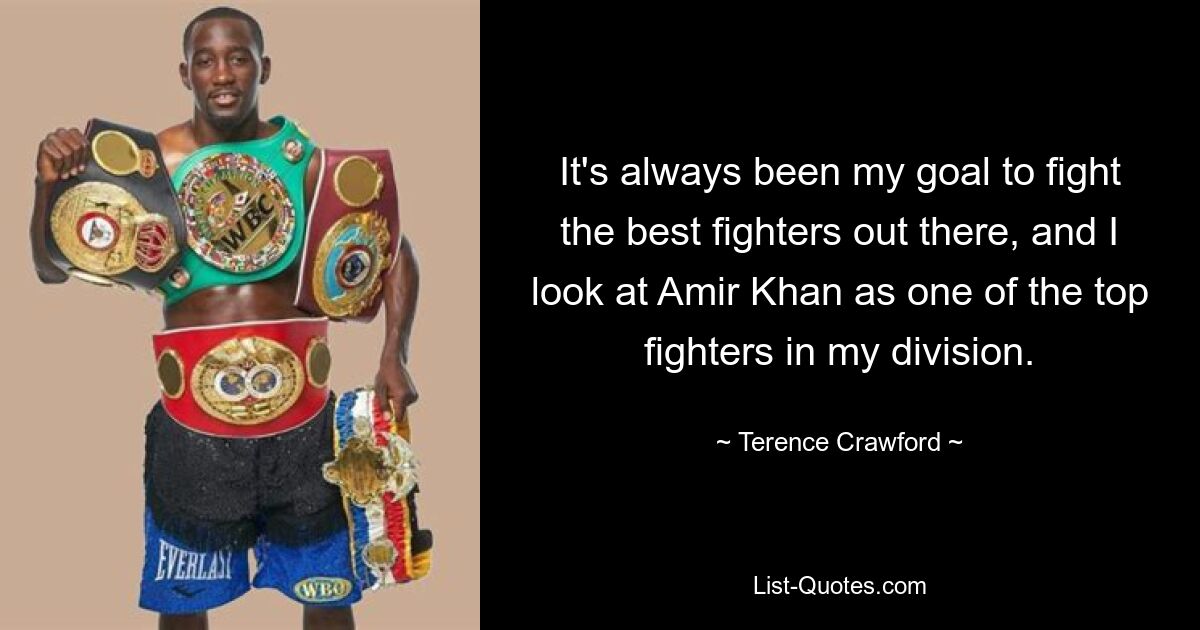 It's always been my goal to fight the best fighters out there, and I look at Amir Khan as one of the top fighters in my division. — © Terence Crawford