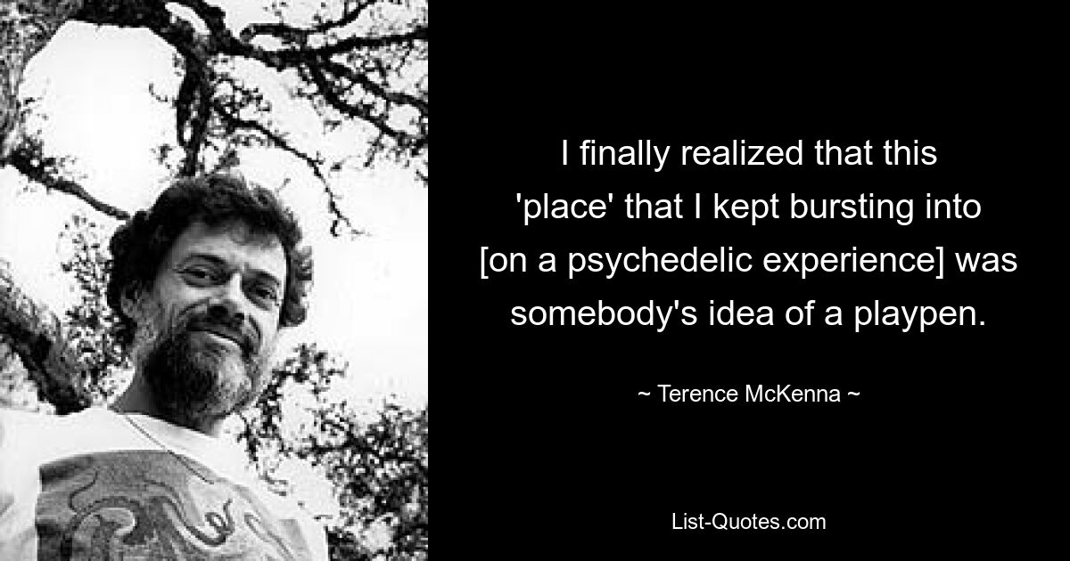 I finally realized that this 'place' that I kept bursting into [on a psychedelic experience] was somebody's idea of a playpen. — © Terence McKenna