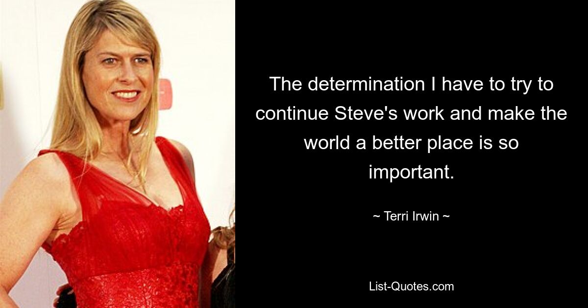 The determination I have to try to continue Steve's work and make the world a better place is so important. — © Terri Irwin