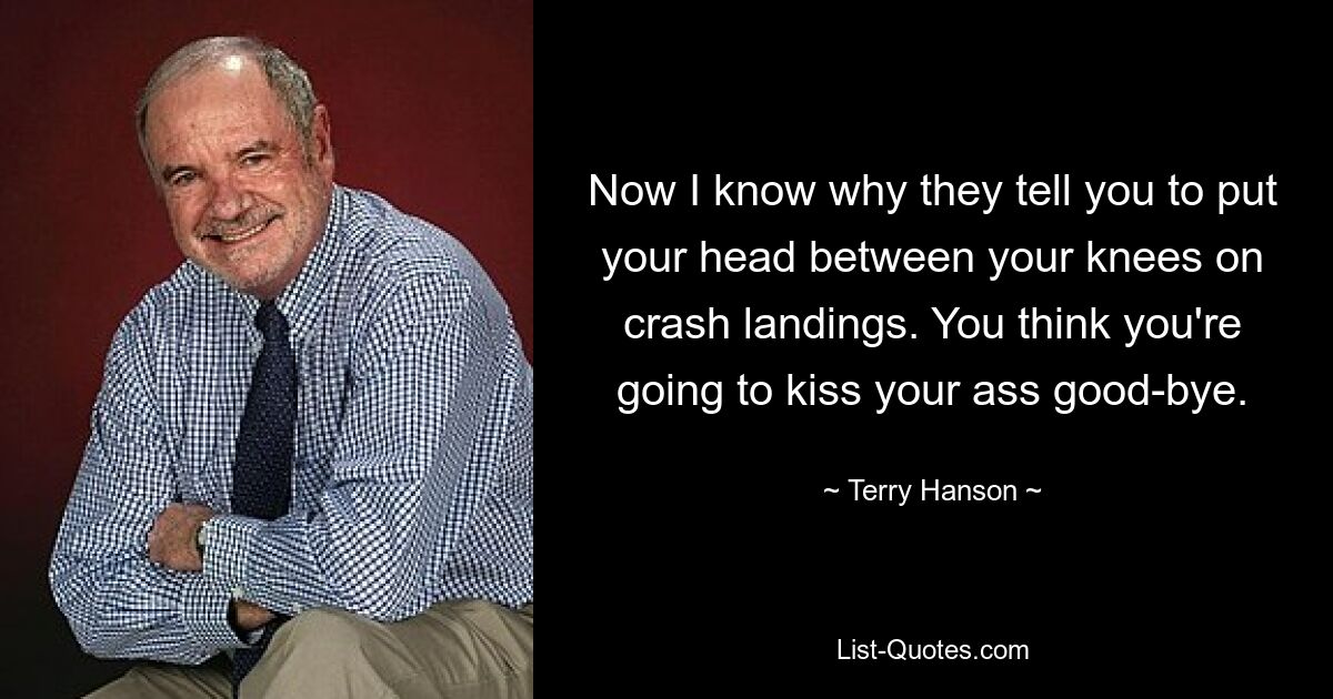 Now I know why they tell you to put your head between your knees on crash landings. You think you're going to kiss your ass good-bye. — © Terry Hanson