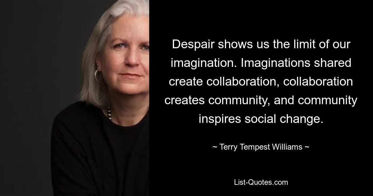 Despair shows us the limit of our imagination. Imaginations shared create collaboration, collaboration creates community, and community inspires social change. — © Terry Tempest Williams