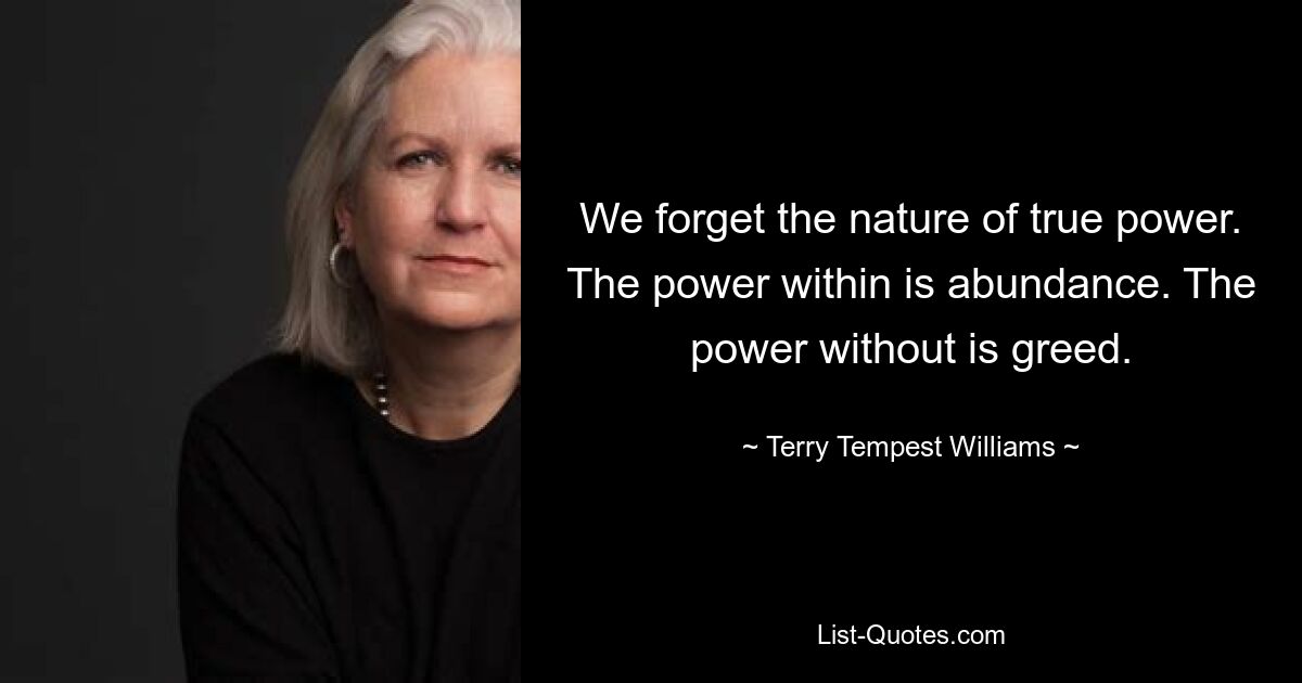 We forget the nature of true power. The power within is abundance. The power without is greed. — © Terry Tempest Williams