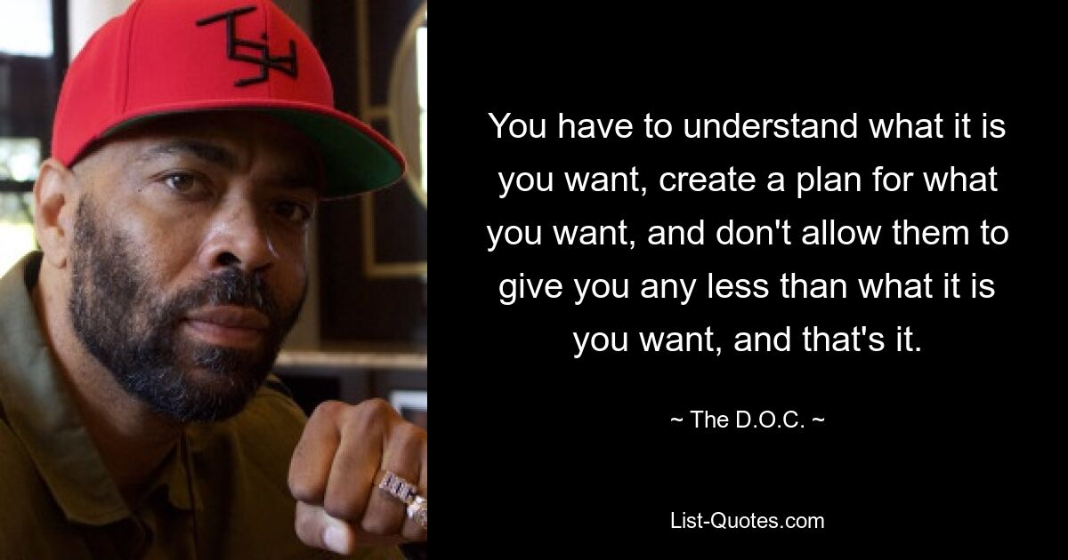 You have to understand what it is you want, create a plan for what you want, and don't allow them to give you any less than what it is you want, and that's it. — © The D.O.C.