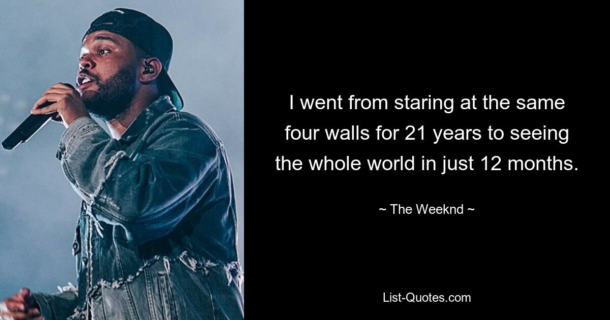 I went from staring at the same four walls for 21 years to seeing the whole world in just 12 months. — © The Weeknd