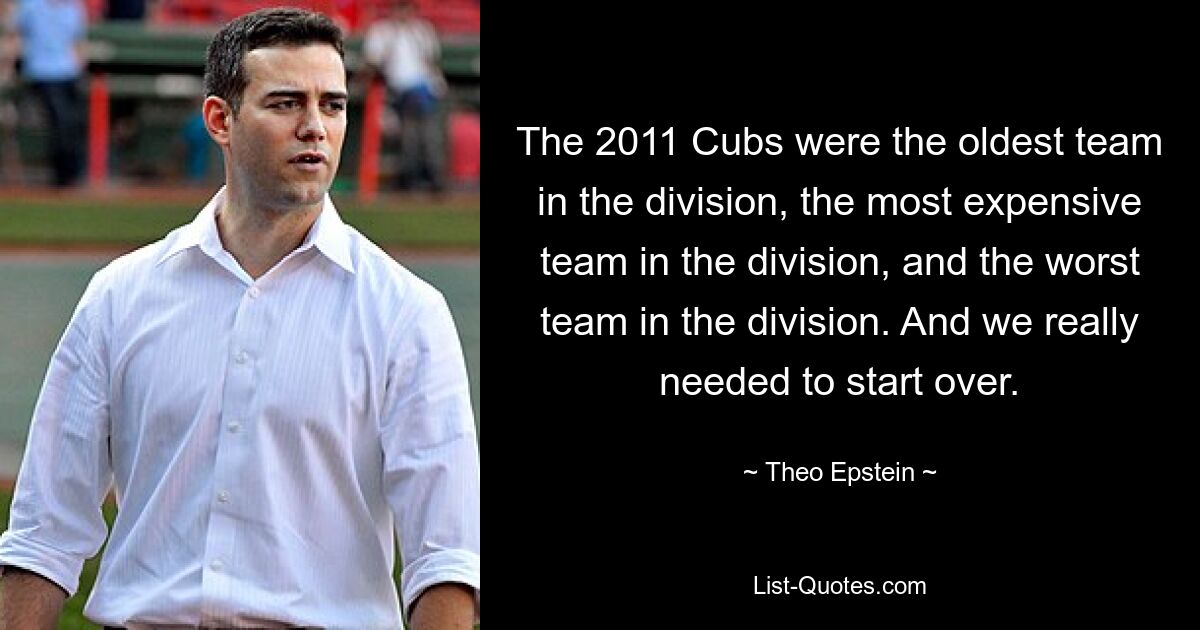 Die Cubs von 2011 waren das älteste Team der Division, das teuerste Team der Division und das schlechteste Team der Division. Und wir mussten wirklich von vorne anfangen. — © Theo Epstein 