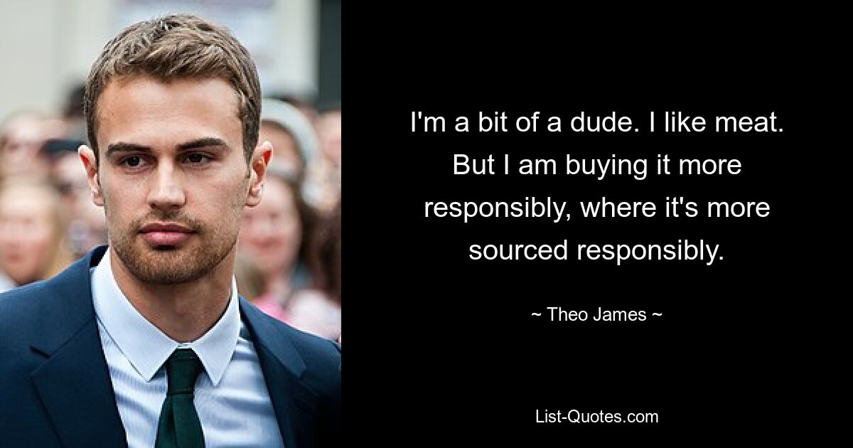 I'm a bit of a dude. I like meat. But I am buying it more responsibly, where it's more sourced responsibly. — © Theo James