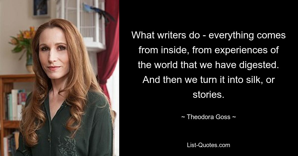 What writers do - everything comes from inside, from experiences of the world that we have digested. And then we turn it into silk, or stories. — © Theodora Goss