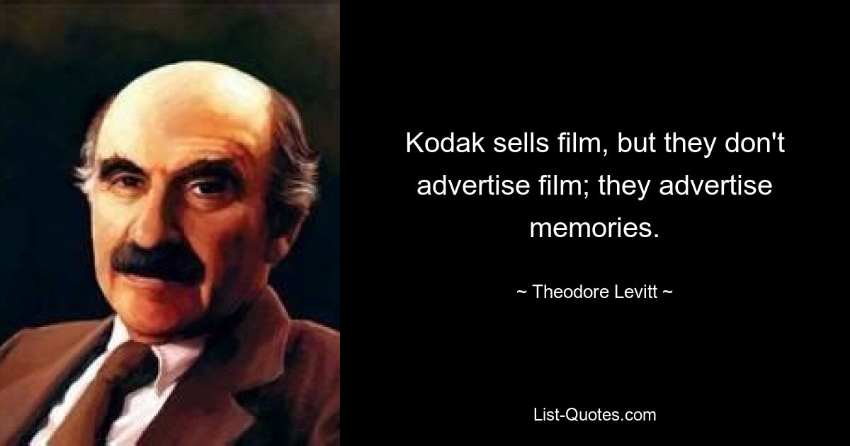 Kodak sells film, but they don't advertise film; they advertise memories. — © Theodore Levitt