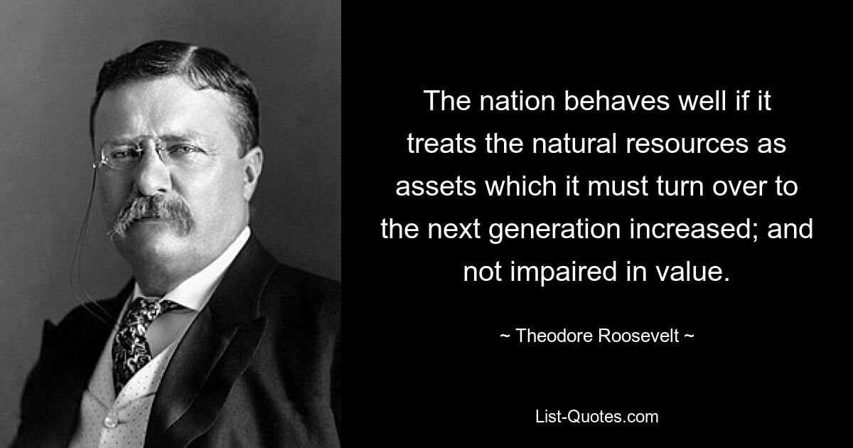 The nation behaves well if it treats the natural resources as assets which it must turn over to the next generation increased; and not impaired in value. — © Theodore Roosevelt