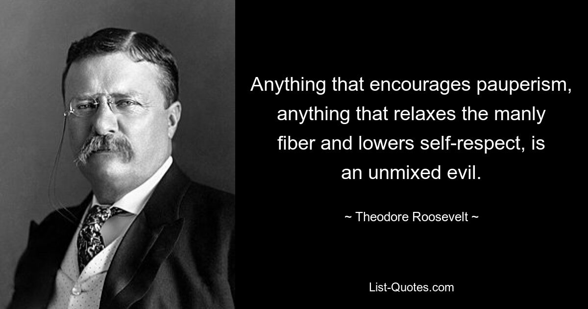 Anything that encourages pauperism, anything that relaxes the manly fiber and lowers self-respect, is an unmixed evil. — © Theodore Roosevelt