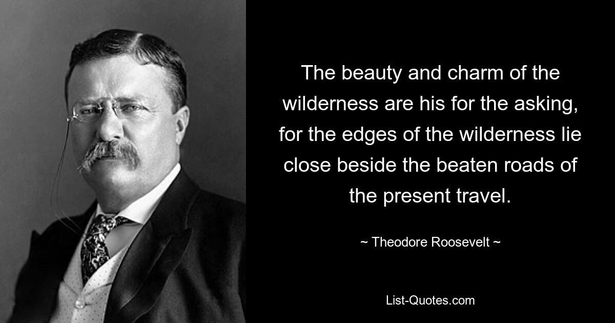 The beauty and charm of the wilderness are his for the asking, for the edges of the wilderness lie close beside the beaten roads of the present travel. — © Theodore Roosevelt