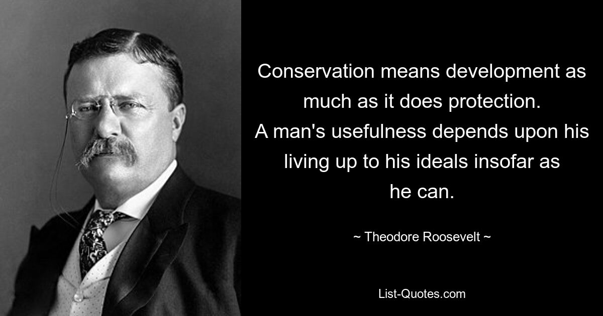 Conservation means development as much as it does protection.
A man's usefulness depends upon his living up to his ideals insofar as he can. — © Theodore Roosevelt