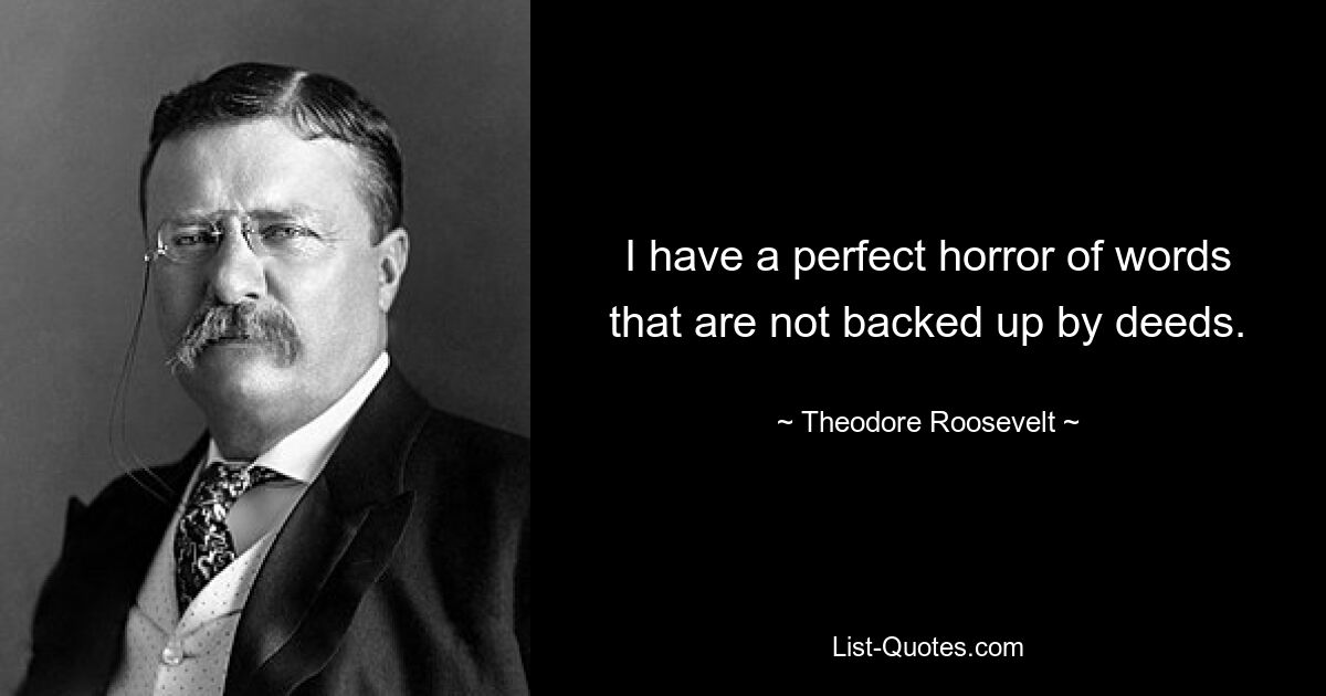 I have a perfect horror of words that are not backed up by deeds. — © Theodore Roosevelt