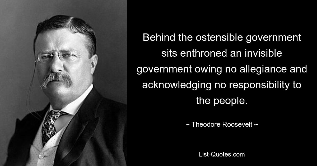 Behind the ostensible government sits enthroned an invisible government owing no allegiance and acknowledging no responsibility to the people. — © Theodore Roosevelt