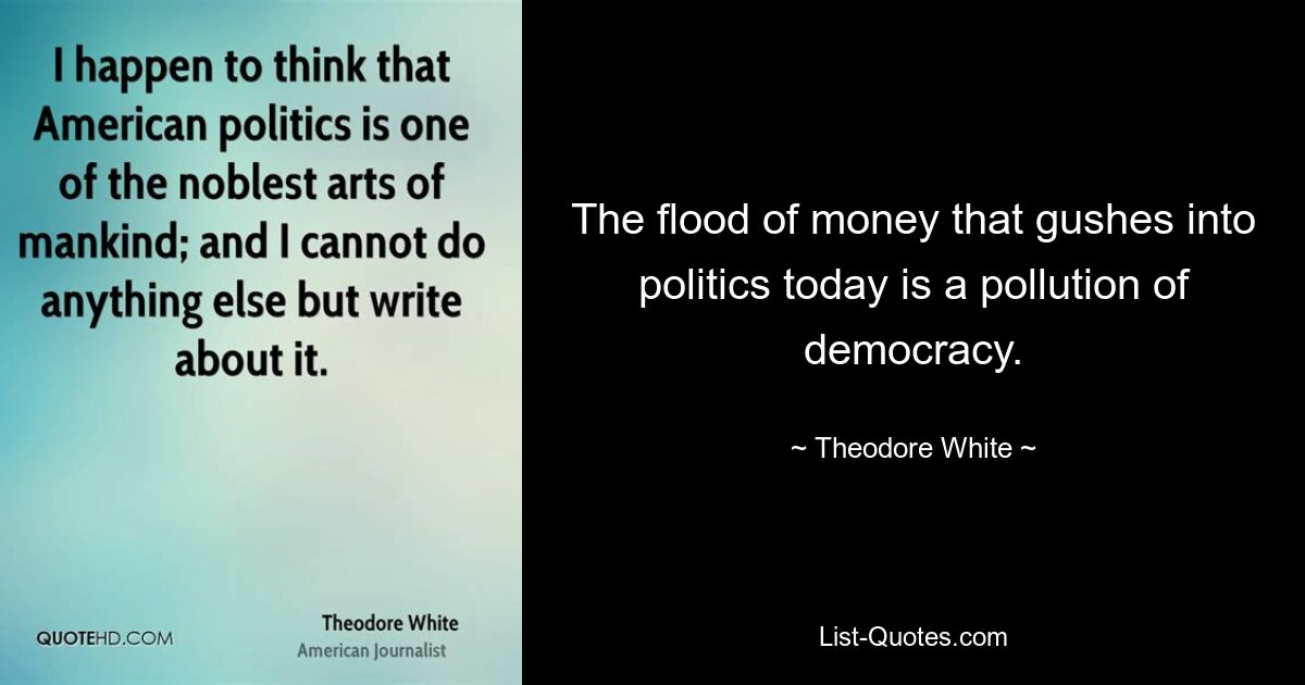 The flood of money that gushes into politics today is a pollution of democracy. — © Theodore White