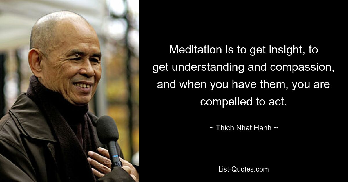 Meditation is to get insight, to get understanding and compassion, and when you have them, you are compelled to act. — © Thich Nhat Hanh