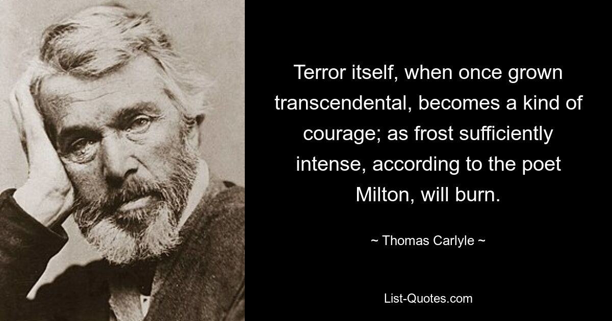 Terror itself, when once grown transcendental, becomes a kind of courage; as frost sufficiently intense, according to the poet Milton, will burn. — © Thomas Carlyle