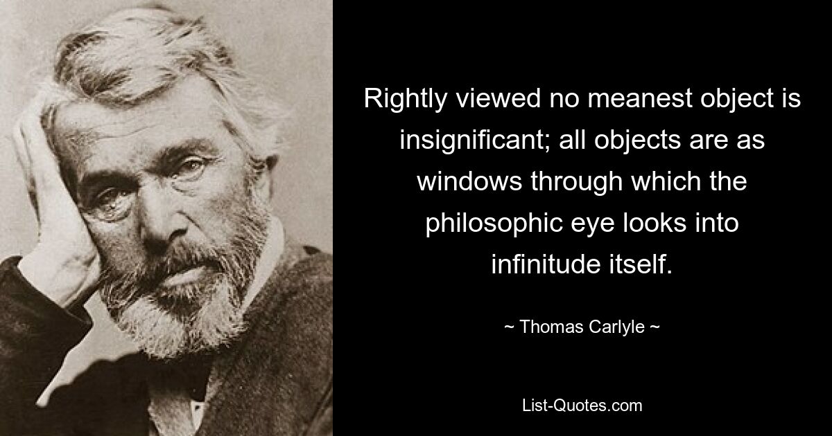 Rightly viewed no meanest object is insignificant; all objects are as windows through which the philosophic eye looks into infinitude itself. — © Thomas Carlyle