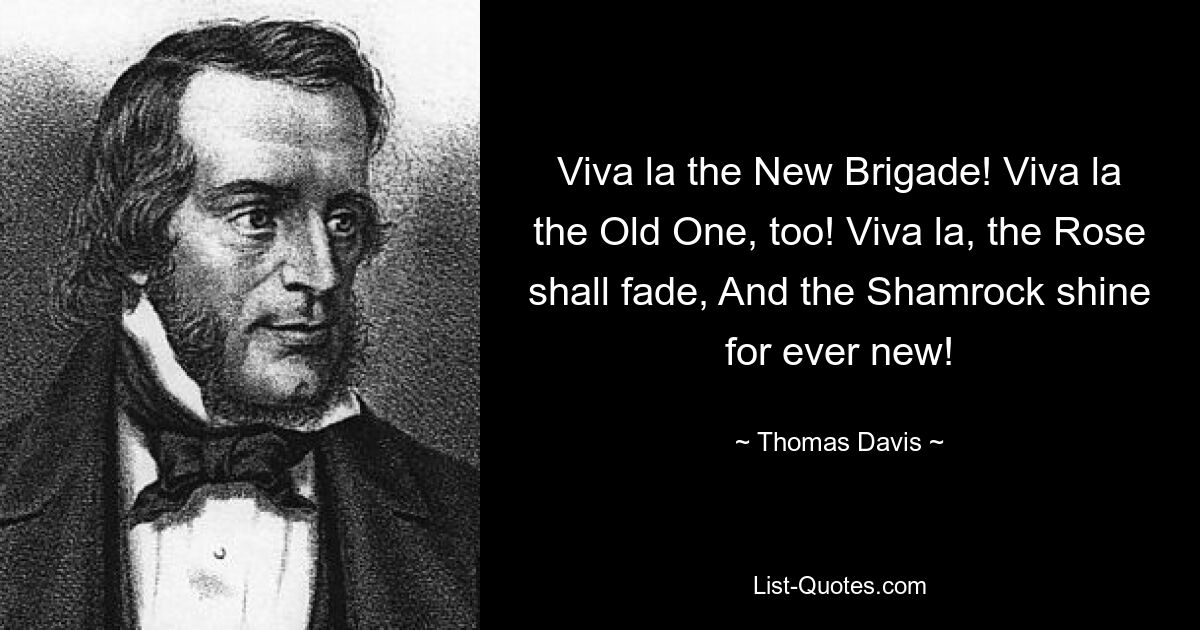 Viva la the New Brigade! Viva la the Old One, too! Viva la, the Rose shall fade, And the Shamrock shine for ever new! — © Thomas Davis