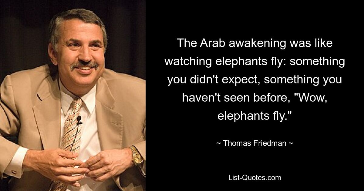 The Arab awakening was like watching elephants fly: something you didn't expect, something you haven't seen before, "Wow, elephants fly." — © Thomas Friedman