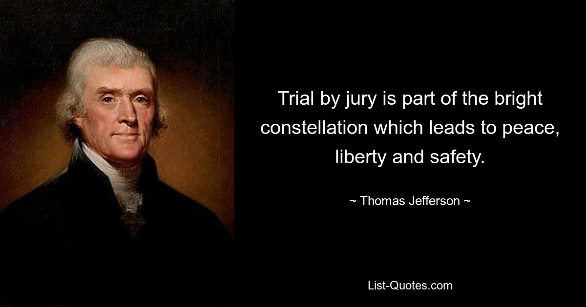 Trial by jury is part of the bright constellation which leads to peace, liberty and safety. — © Thomas Jefferson