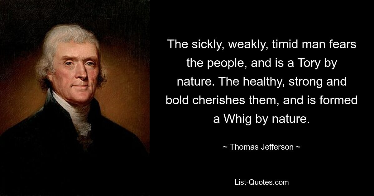 Der kränkliche, schwache, schüchterne Mann hat Angst vor dem Volk und ist von Natur aus ein Tory. Der Gesunde, Starke und Kühne schätzt sie und ist von Natur aus ein Whig. — © Thomas Jefferson 