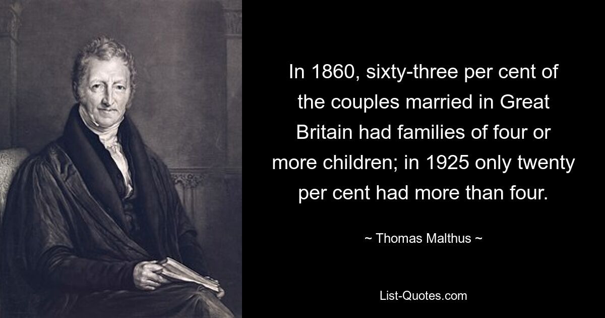 In 1860, sixty-three per cent of the couples married in Great Britain had families of four or more children; in 1925 only twenty per cent had more than four. — © Thomas Malthus