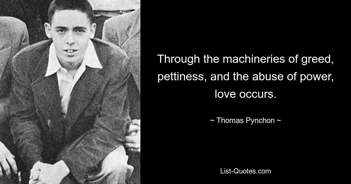 Through the machineries of greed, pettiness, and the abuse of power, love occurs. — © Thomas Pynchon