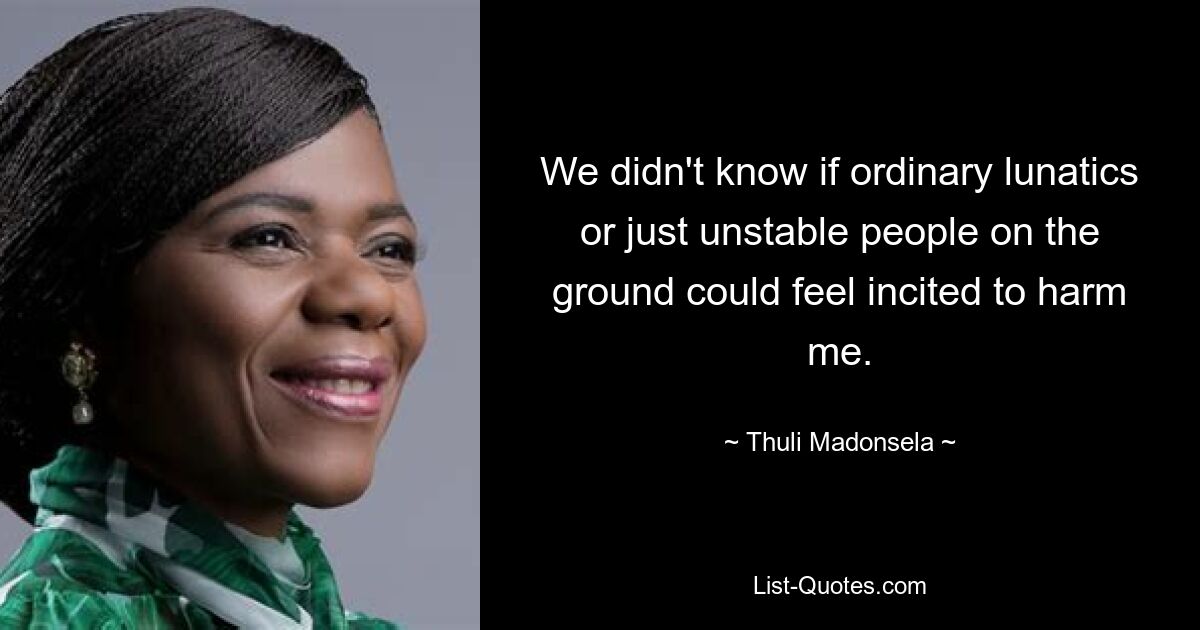 We didn't know if ordinary lunatics or just unstable people on the ground could feel incited to harm me. — © Thuli Madonsela