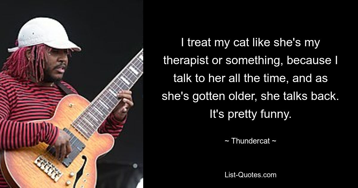 I treat my cat like she's my therapist or something, because I talk to her all the time, and as she's gotten older, she talks back. It's pretty funny. — © Thundercat