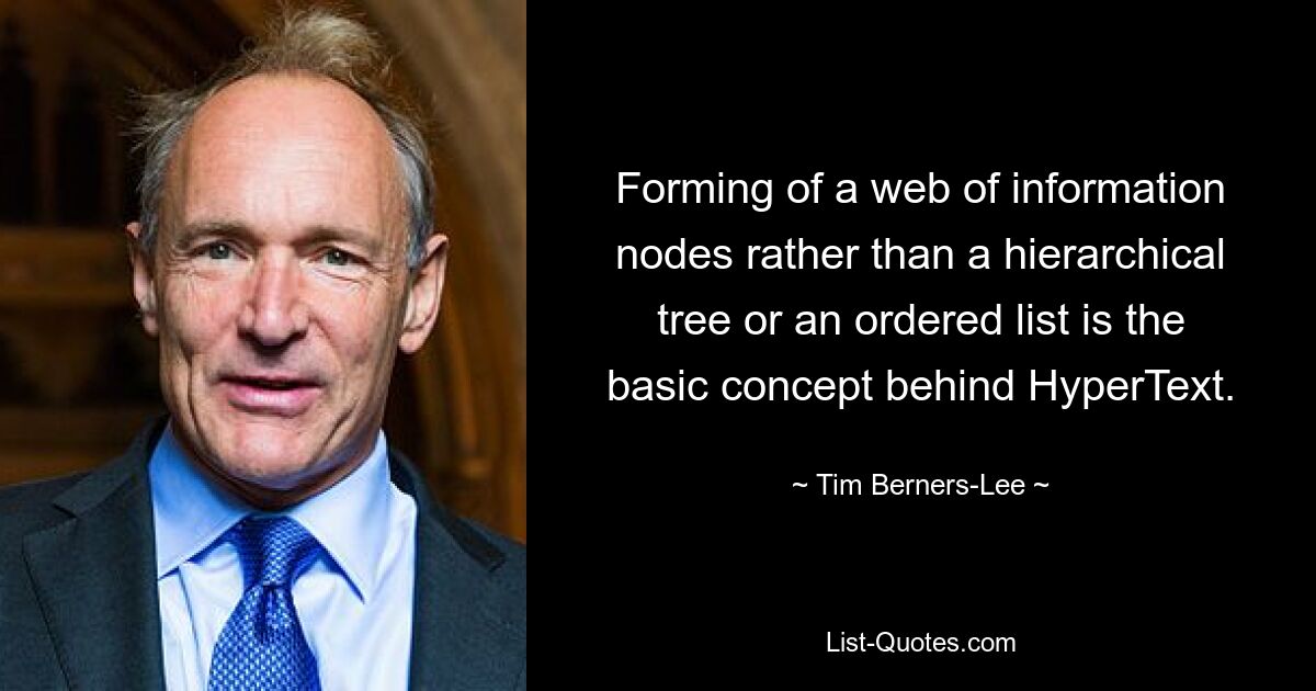 Forming of a web of information nodes rather than a hierarchical tree or an ordered list is the basic concept behind HyperText. — © Tim Berners-Lee