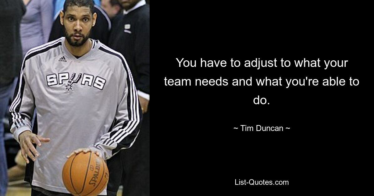 You have to adjust to what your team needs and what you're able to do. — © Tim Duncan