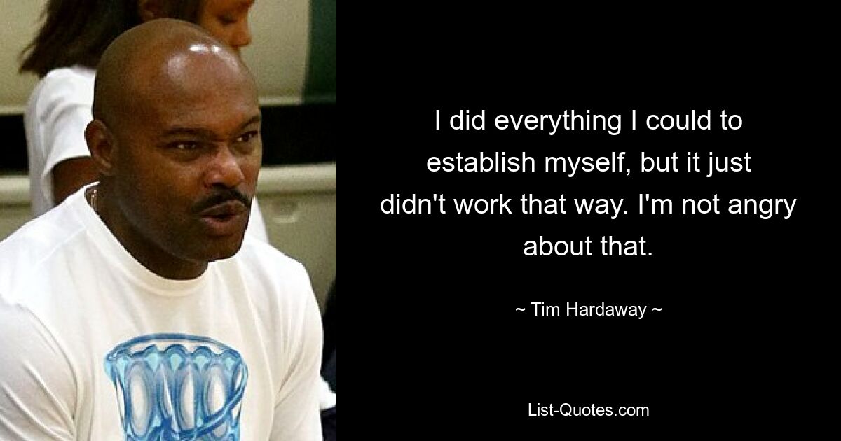 I did everything I could to establish myself, but it just didn't work that way. I'm not angry about that. — © Tim Hardaway