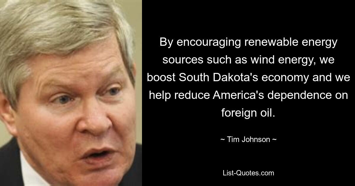 By encouraging renewable energy sources such as wind energy, we boost South Dakota's economy and we help reduce America's dependence on foreign oil. — © Tim Johnson