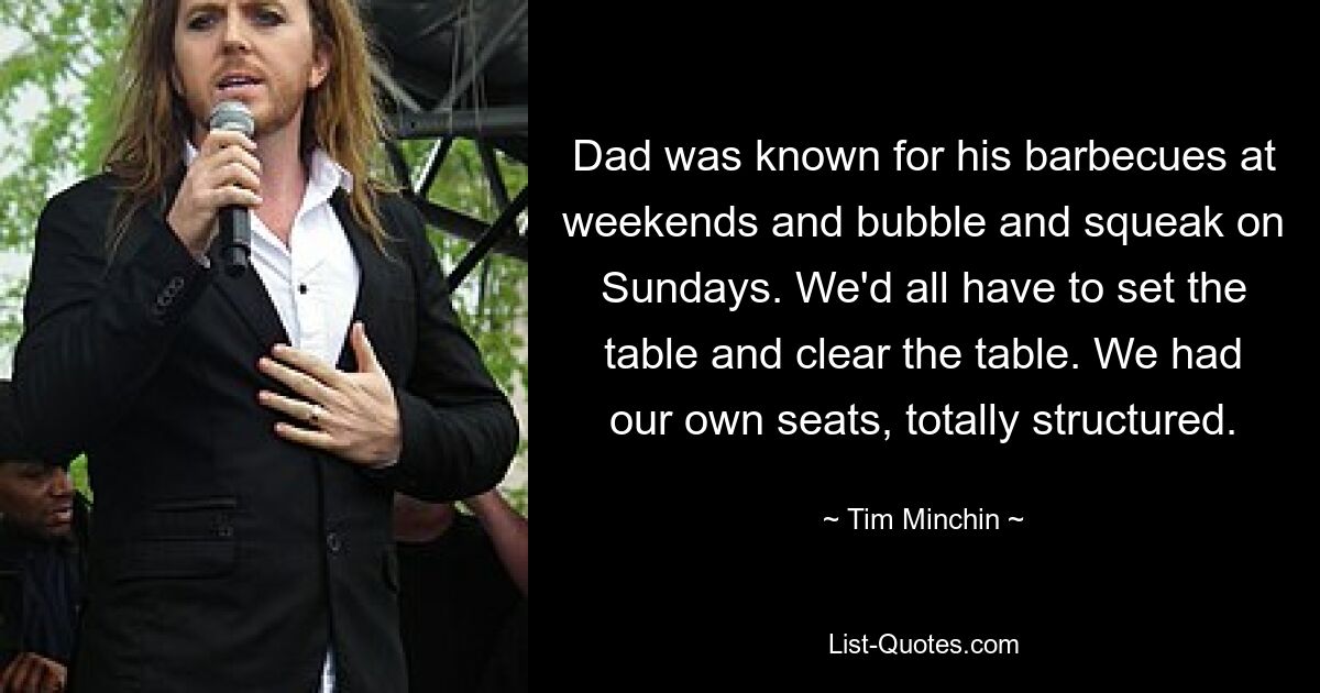 Dad was known for his barbecues at weekends and bubble and squeak on Sundays. We'd all have to set the table and clear the table. We had our own seats, totally structured. — © Tim Minchin