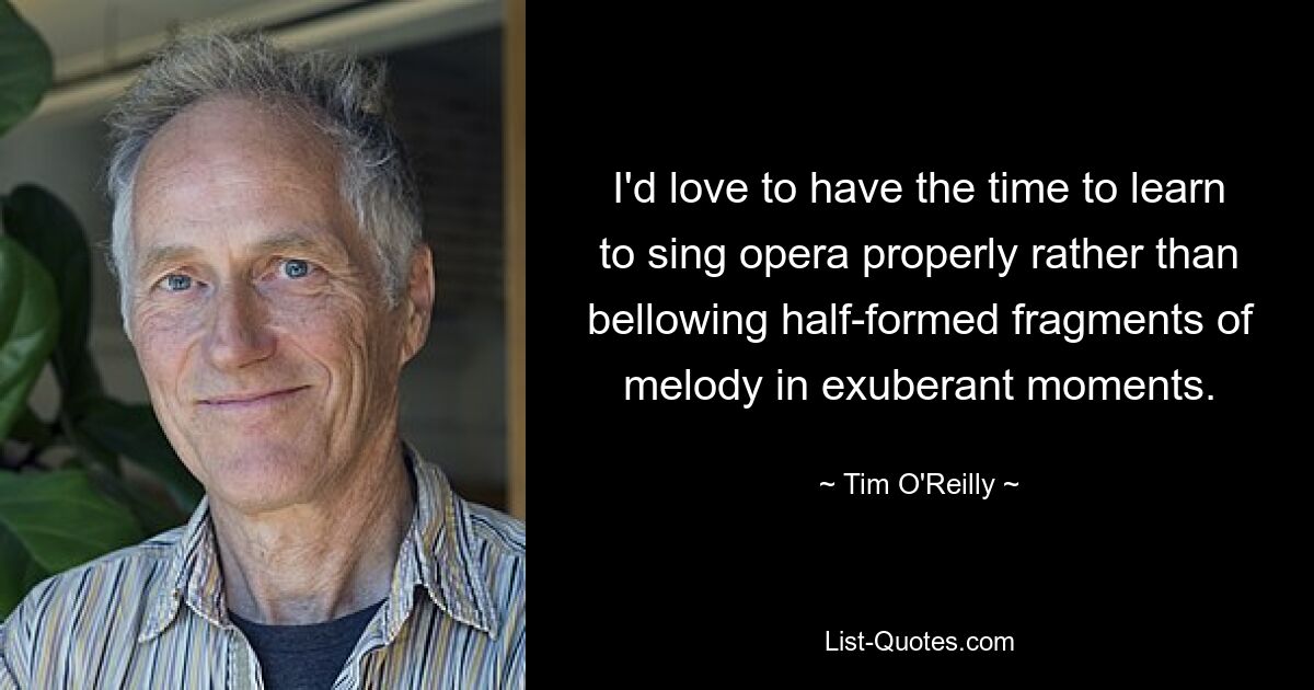 I'd love to have the time to learn to sing opera properly rather than bellowing half-formed fragments of melody in exuberant moments. — © Tim O'Reilly