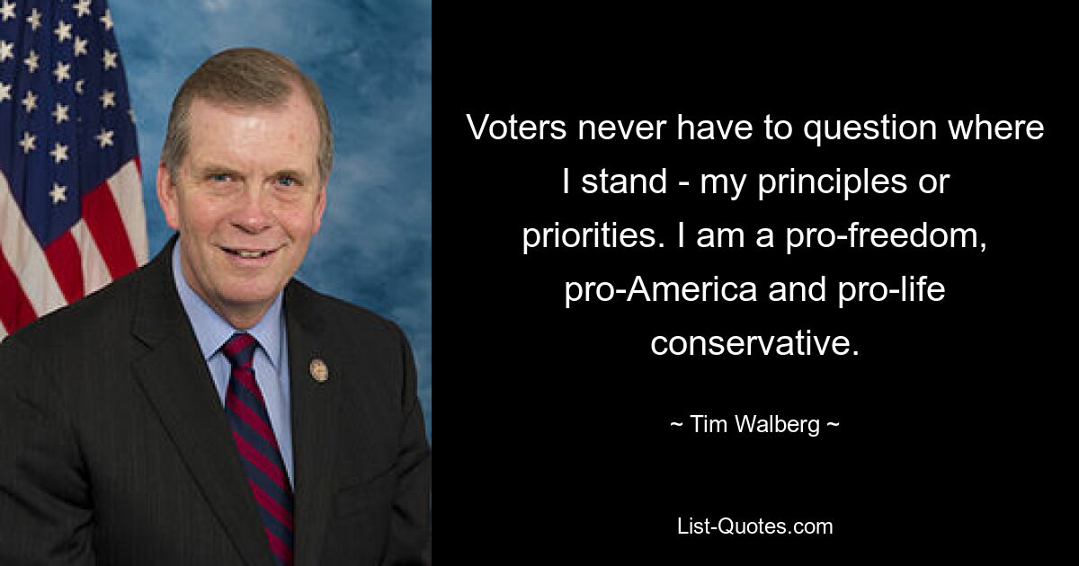 Voters never have to question where I stand - my principles or priorities. I am a pro-freedom, pro-America and pro-life conservative. — © Tim Walberg