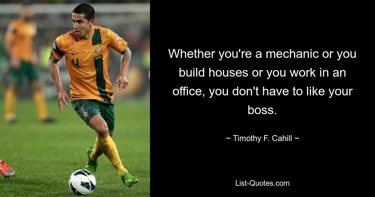 Whether you're a mechanic or you build houses or you work in an office, you don't have to like your boss. — © Timothy F. Cahill