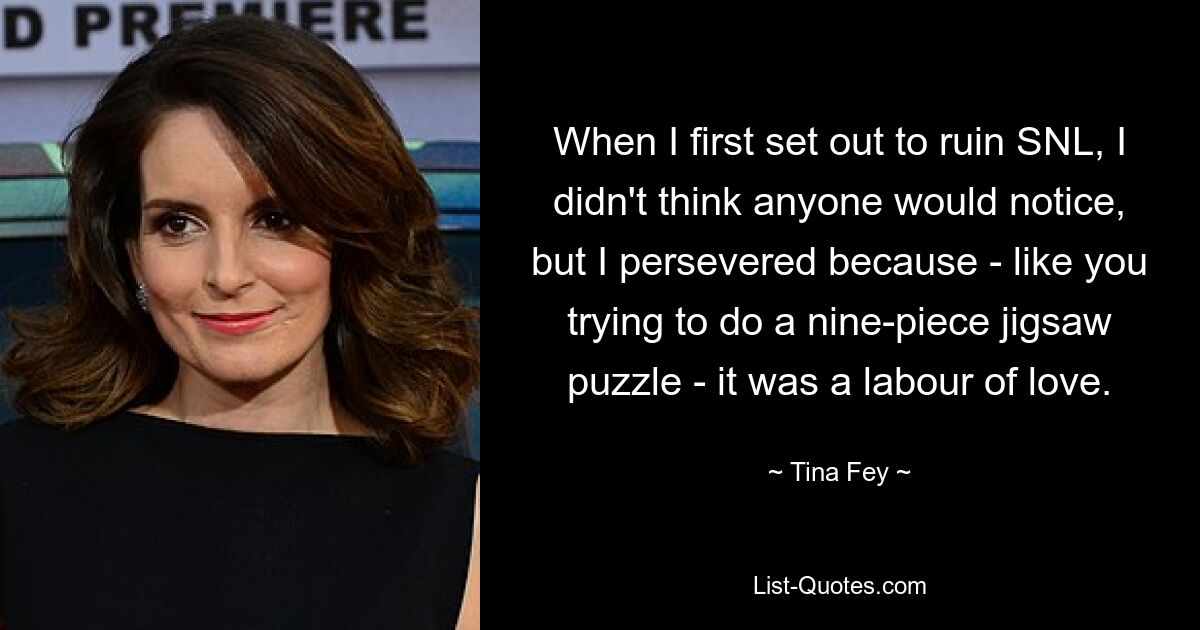 When I first set out to ruin SNL, I didn't think anyone would notice, but I persevered because - like you trying to do a nine-piece jigsaw puzzle - it was a labour of love. — © Tina Fey