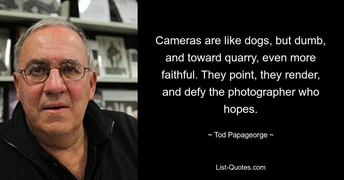 Cameras are like dogs, but dumb, and toward quarry, even more faithful. They point, they render, and defy the photographer who hopes. — © Tod Papageorge