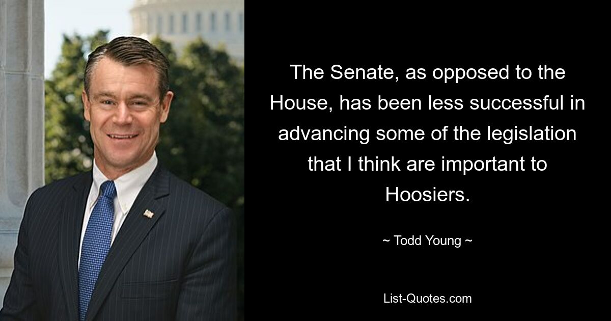 The Senate, as opposed to the House, has been less successful in advancing some of the legislation that I think are important to Hoosiers. — © Todd Young